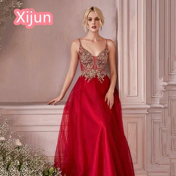 Xijun Raudona Linija, Vakarines Sukneles Moterims Gėlių Aplikacijos Tiulio Šalis Suknelė Siuvinėjimo Blizgančių Karoliukų Prom Chalatai Ilgai Prabangių 2022