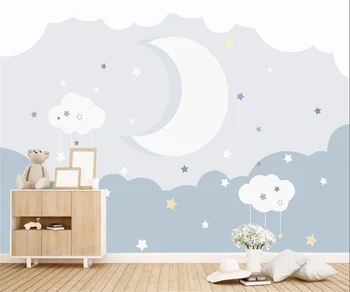 3D tapetai, vaikų kambarys Rankomis dažyti paprasta mėnulis ir žvaigždėtas dangus Darželio interjero fone, sienos tapetai