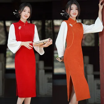 Elegantiškas Trimitas Rankovėmis Raudona Oranžinė Šeniliniai Qipao Mandarinų Apykaklės Cheongsam Kinijos Moterų Suknelė