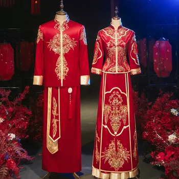 Išskirtinį Zawalcowany Siuvinėjimo Bordo Satino Tuoktis Cheongsam Tradicinės Kinų Nuotaka Jaunikis Vestuvių Suknelė Vestito Da Sposa