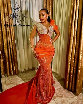 Naujas Atvykimo Orange Vien O Kaklo Vakaro Suknelės Juoda Merginos Kristalų Duobute Afrikos Vestuvių PromDress Šalis, Chalatai De Soiree