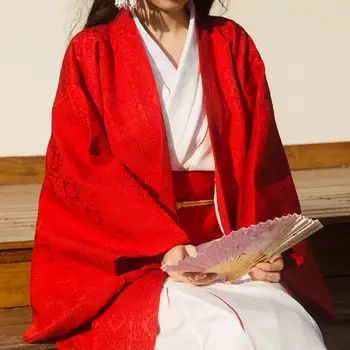Tradicija Japonijos Moterų Kimono Kailis Raudonas Žakardo Ilga Striukė Žiemos Haori Derliaus