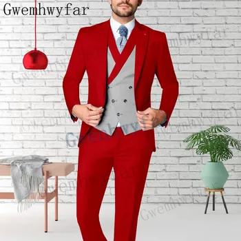 Gwenhwyfar Atsitiktinis Stilingas 2 Dalių (Švarkas+Kelnės) Raudona Vyrai Kostiumas Slim Fit Jaunikis Smokingas Mados Užsakymą Vestuvių Kostiumai Prom Švarkas