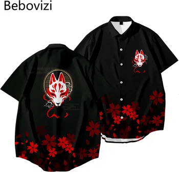 2021 Japonų Stiliaus Vyrų Fox Streetwear Havajų Marškinėliai Paplūdimys Marškinėliai Vasaros Trumpomis Rankovėmis Harajuku Hip-Hop Black 