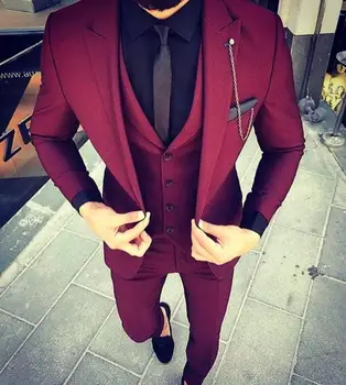 Pagal užsakymą Pagaminti Vyno Raudona Slim Fit Vestuvių Mens Kostiumas Prom Kostiumai 3Pieces(Striukė+Ziajać+Liemene) Jaunikis Tuxedos Vyrų Kostiumas
