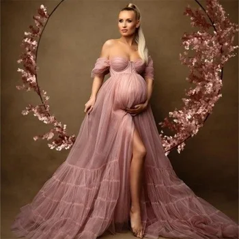 Šviesiai Rausvos Moterų Motinystės Suknelės Seksualus Nuo Peties Nėščia Chalatai Brangioji, Priekiniai Ritininės Photoshoot Babyshower Užsakymą