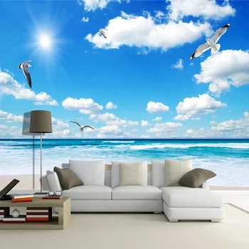 Mėlynas Dangus, Balti Debesys Beach Marina Užsakymą 3D Foto Tapetai Freskomis Už Kambarį Miegamojo Sienų Apdailai Namų Dekoro Freska