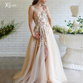 Xijun Fėja Linijos vakarinę Suknelę 3d Gėlių Aplikacijos Vieną Petį Prom Chalatai Brangioji Rankovių Oficialią Šalies Suknelė Moterims