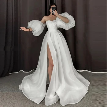 Puošnus, Gražios Vestuvinės Suknelės Moterims, Elegantiška Vintage Off Peties Purus Rankšluostis Su Aukštos Ritininės Oficialią Vestuvių Suknelė Valyti