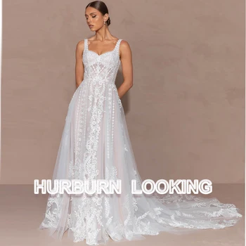 HERBURN Naujo Stiliaus Vestuvių Suknelė Vestuvių Nėrinių Brangioji Mygtukai Teismas Traukinio Šifono Bakas Paplūdimio Pritaikyti Naują Atvykimo Proga