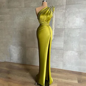 Green Satino Prom Dresses 2023 Vieną Petį ilgomis Rankovėmis Undinė Promenadzie Suknelė Ilgai Klostyti Pusėje Ritininės Oficialus Moterų Vestuvės Dress